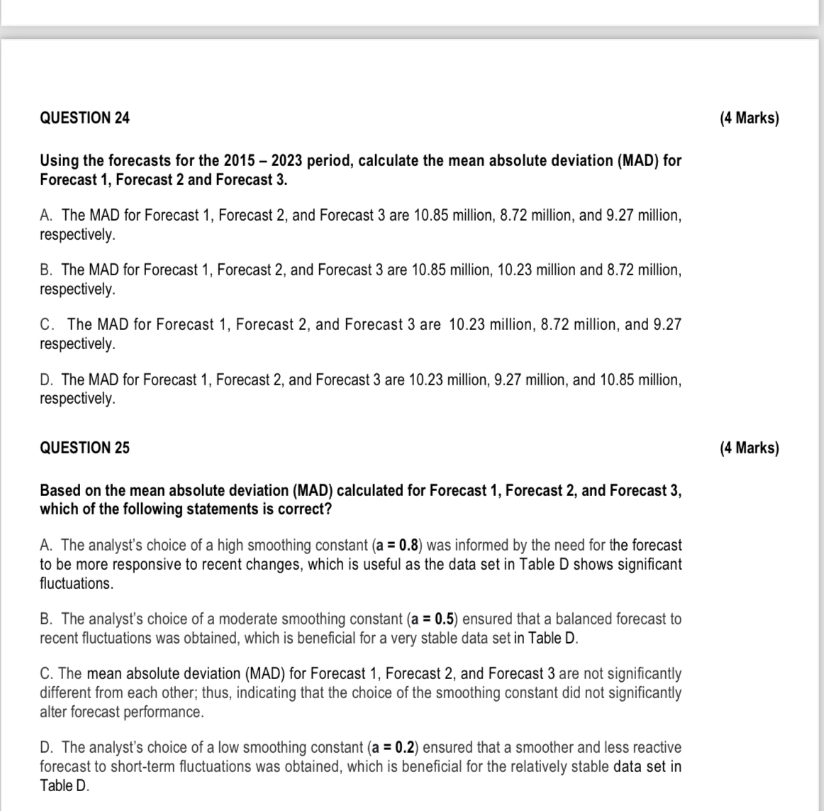  QUESTION 24 (4 Marks) Using the forecasts for the 2015-2023 period,