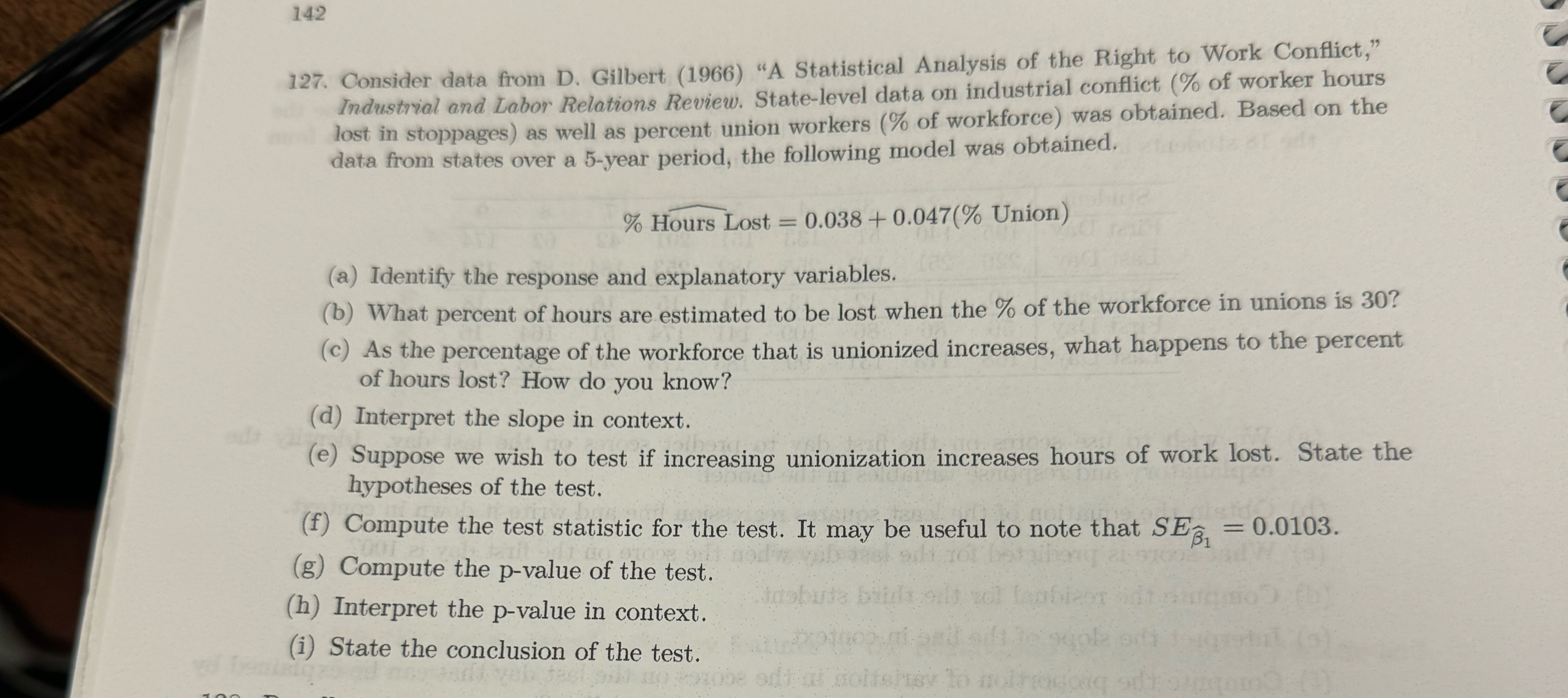  142 127. Consider data from D. Gilbert (1966) "A Statistical Analysis