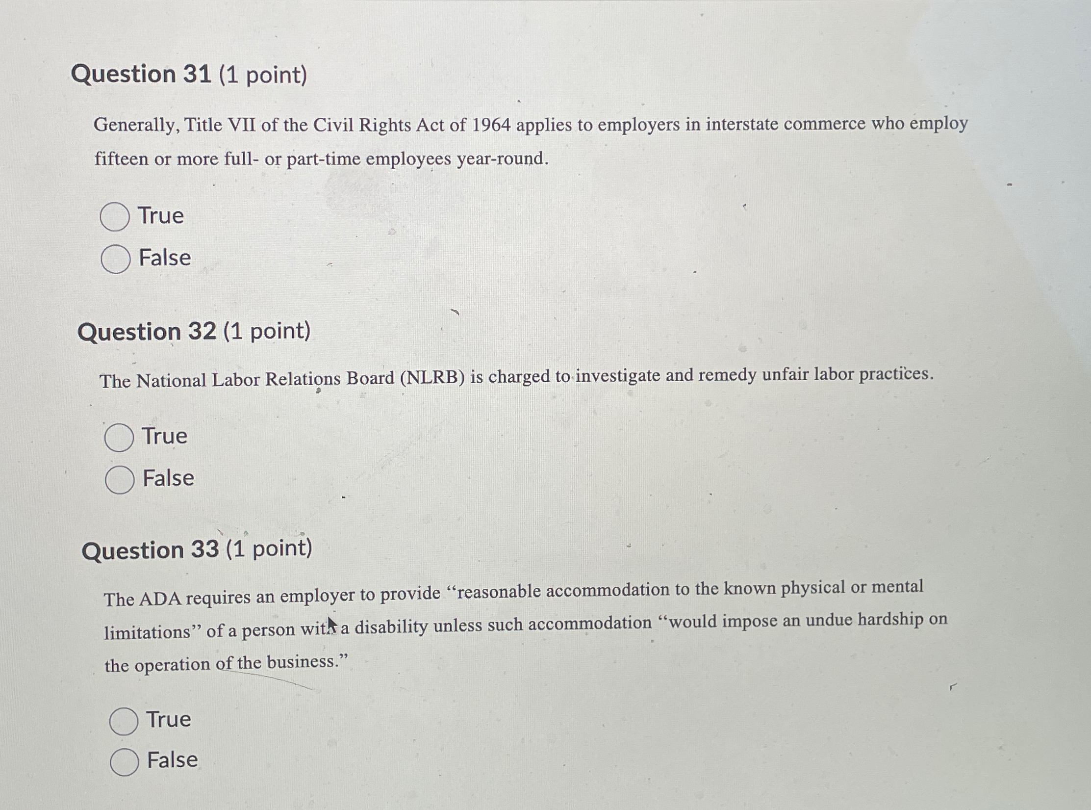  Question 31(1 point) Generally, Title VII of the Civil Rights Act