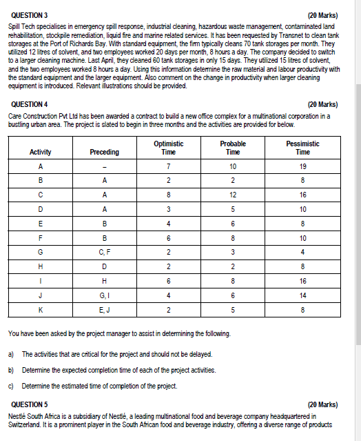  QUESTION 3(20 Marks) Spill Tech specialises in emergency spill response, industrial