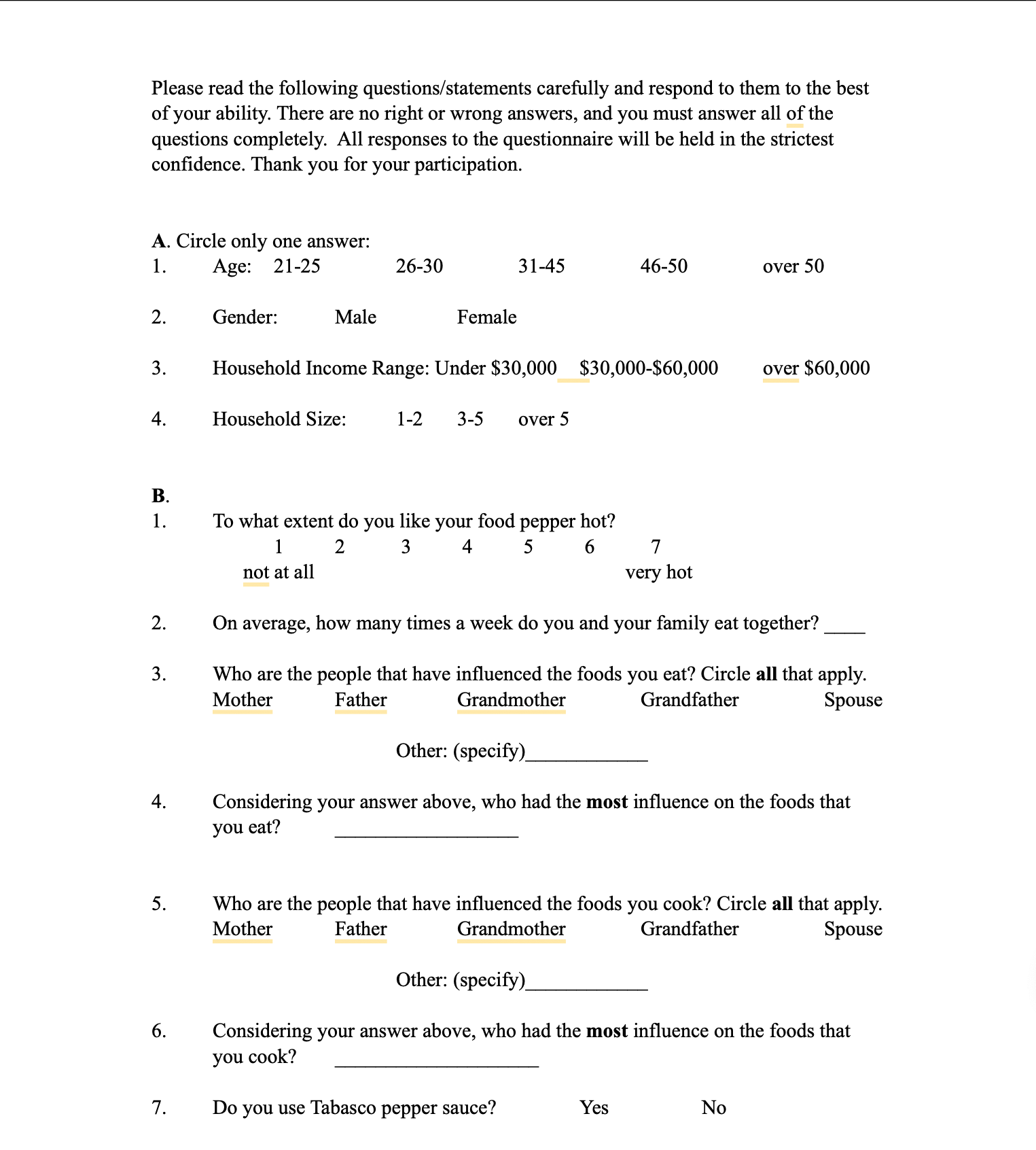  Using the Tabasco data set and questionnaire provided, use the proper