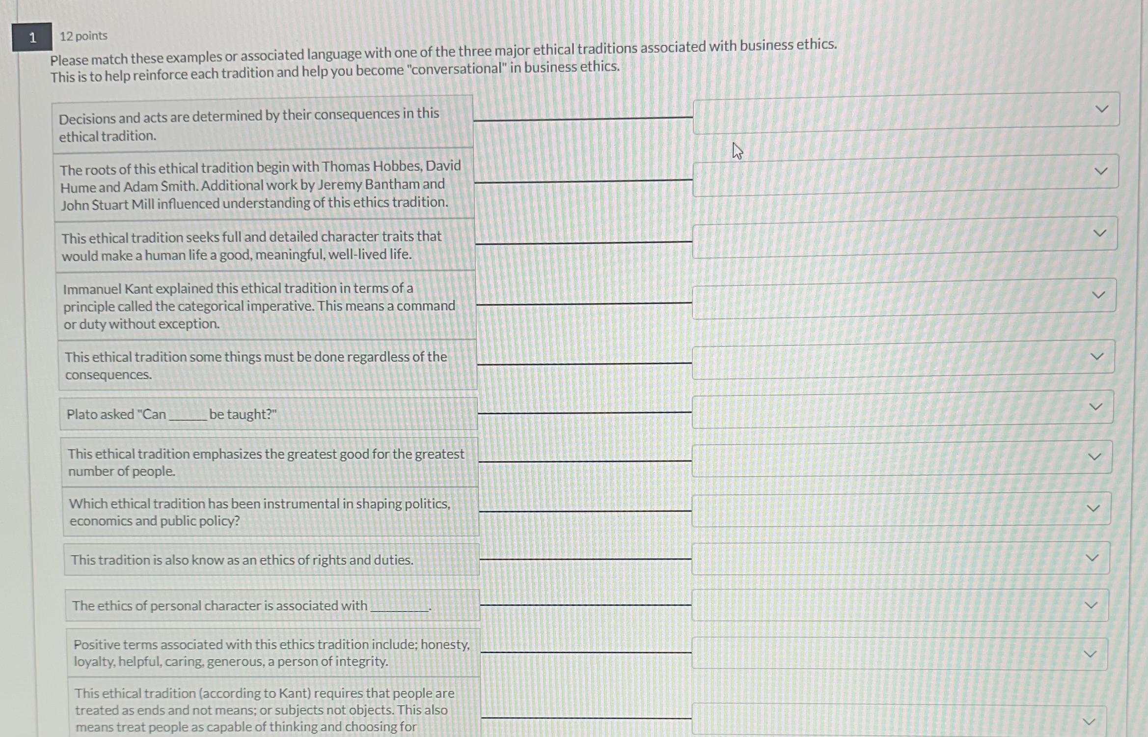  1 12 points Please match these examples or associated language with