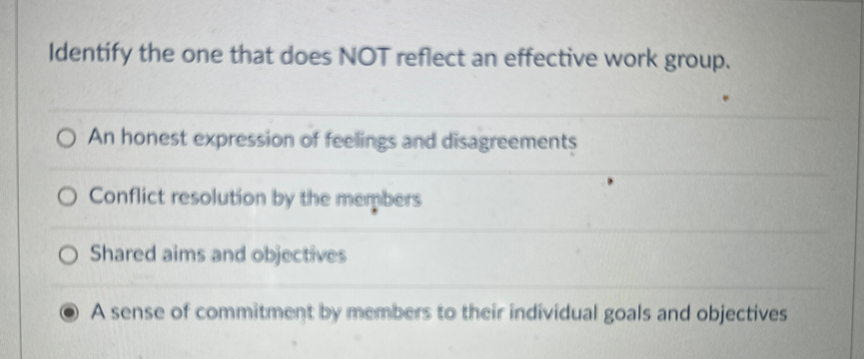  Identify the one that does NOT reflect an effective work group.