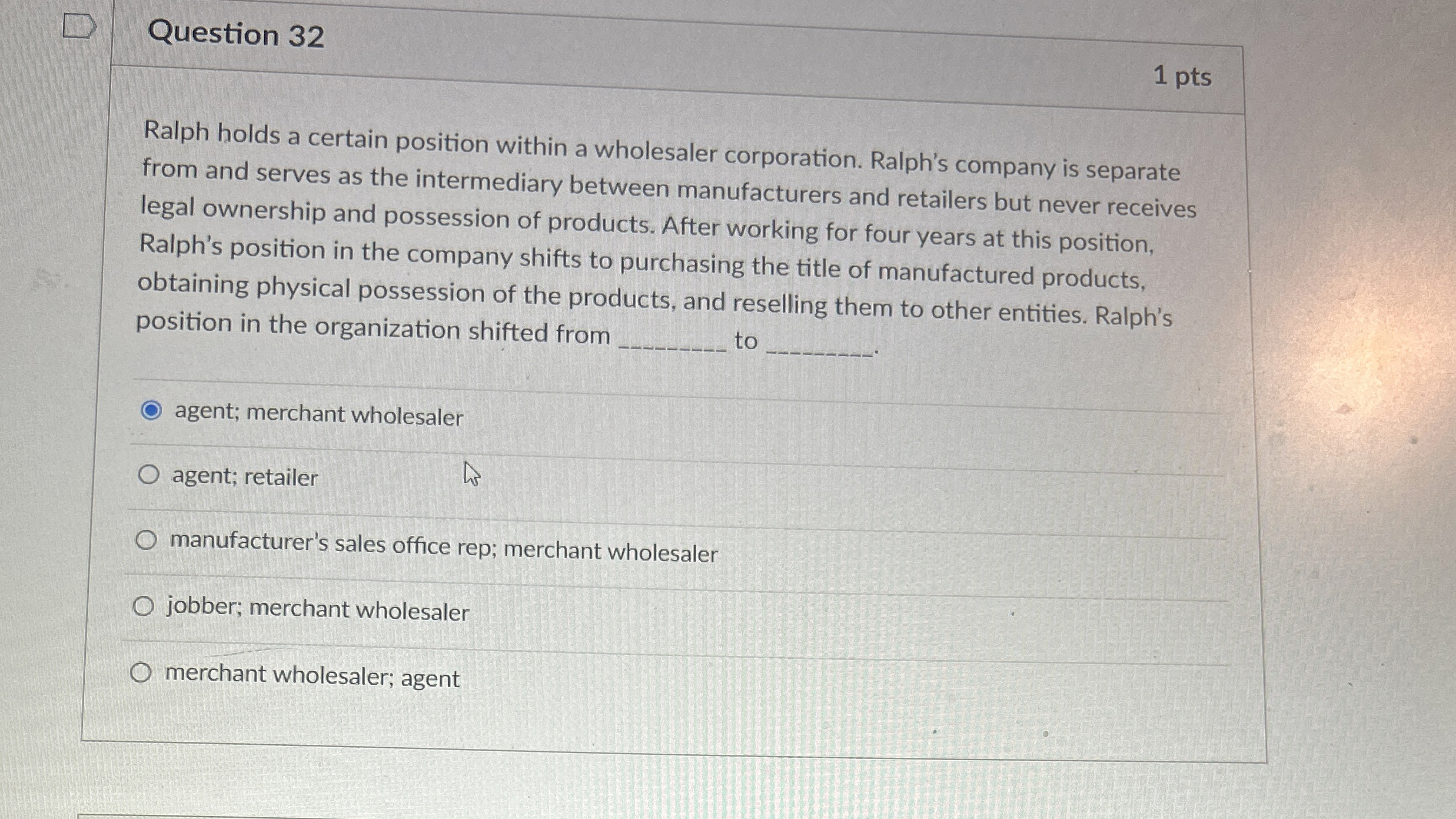  Question 32 1 pts Ralph holds a certain position within a