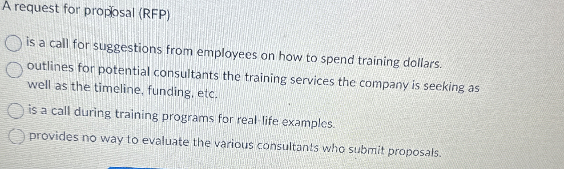  A request for propiosal (RFP) is a call for suggestions from