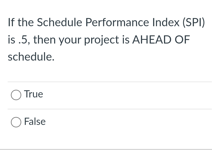  If the Schedule Performance Index (SPI) is .5, then your project