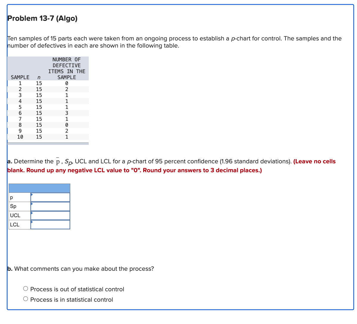  Problem 13-7(Algo) Ten samples of 15 parts each were taken from