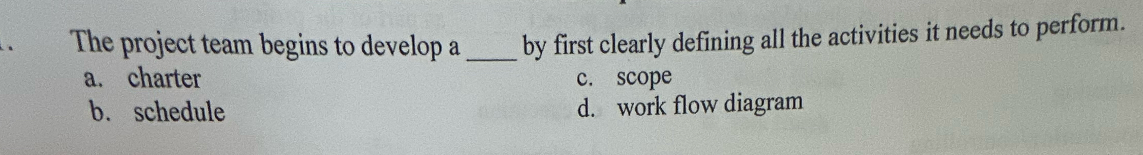 The project team begins to develop a a. charter by first