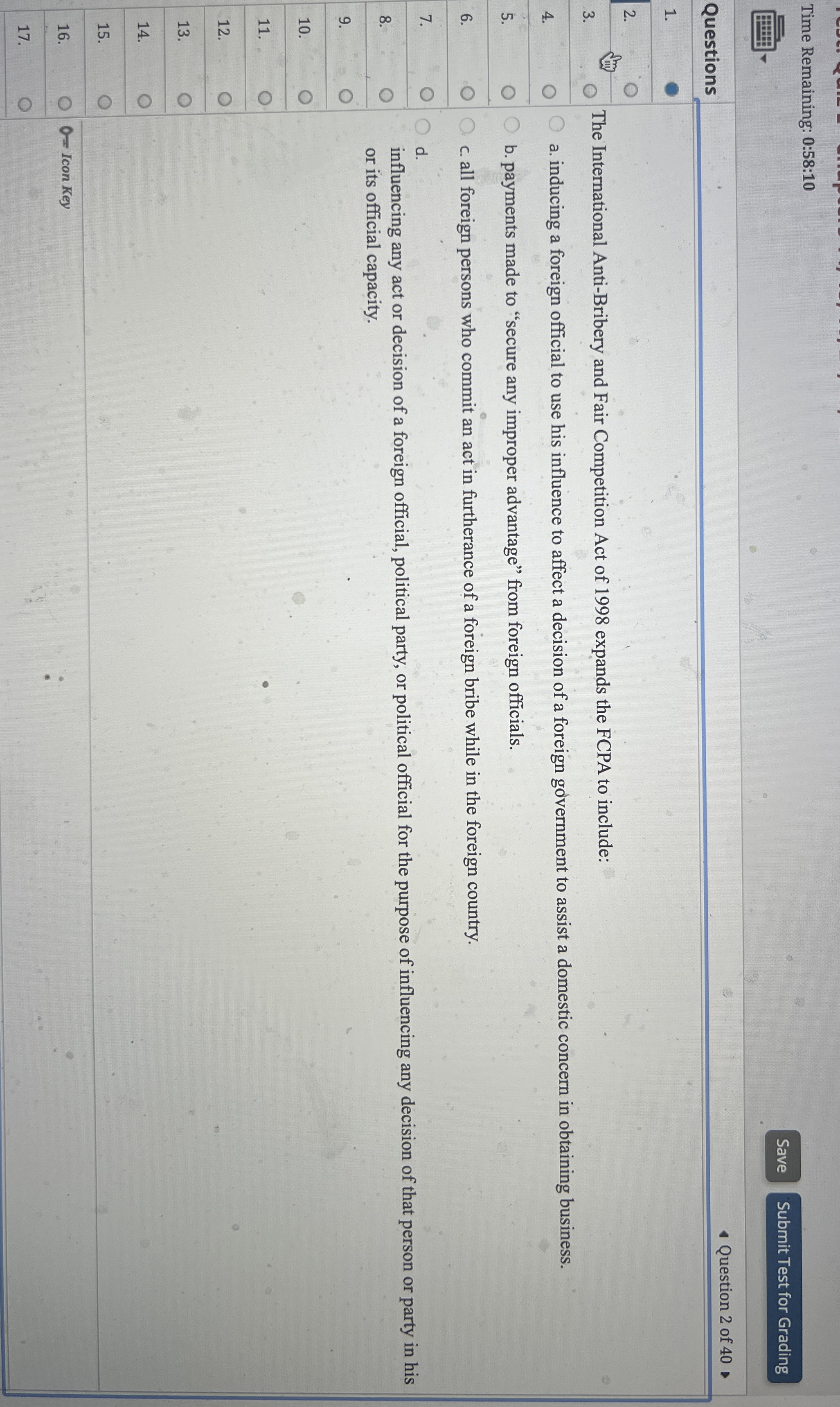  Time Remaining: 0:58:10 res Questions Question 2 of 40 1. 2.