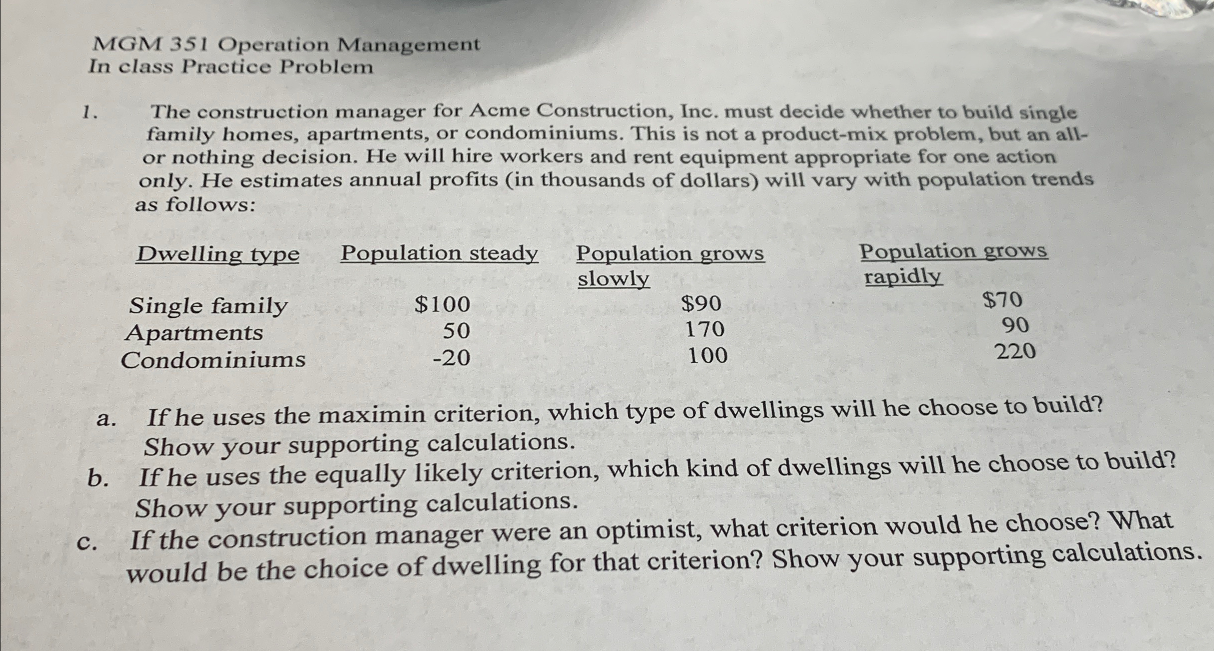  MGM 351 Operation Management In class Practice Problem The construction manager