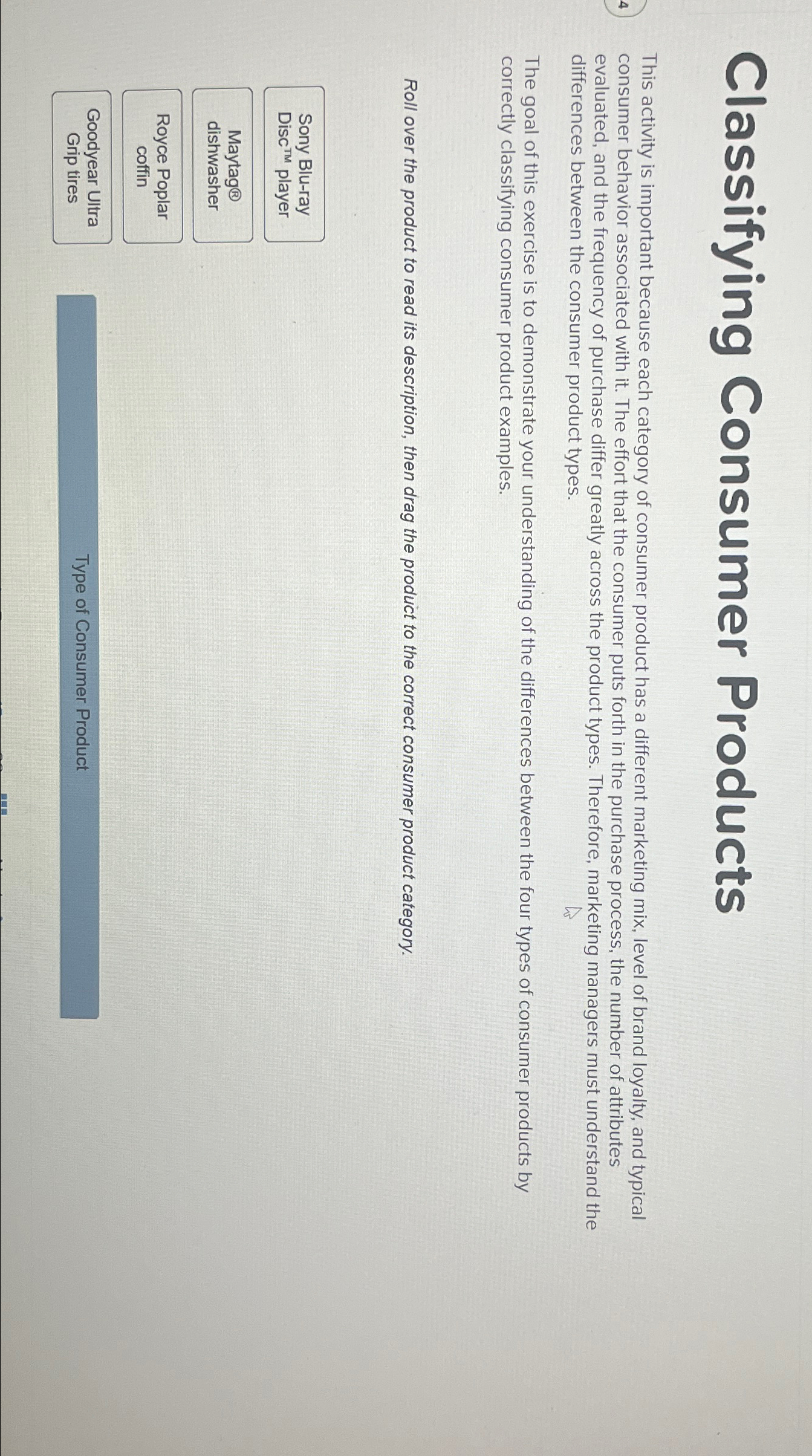  Classifying Consumer Products This activity is important because each category of