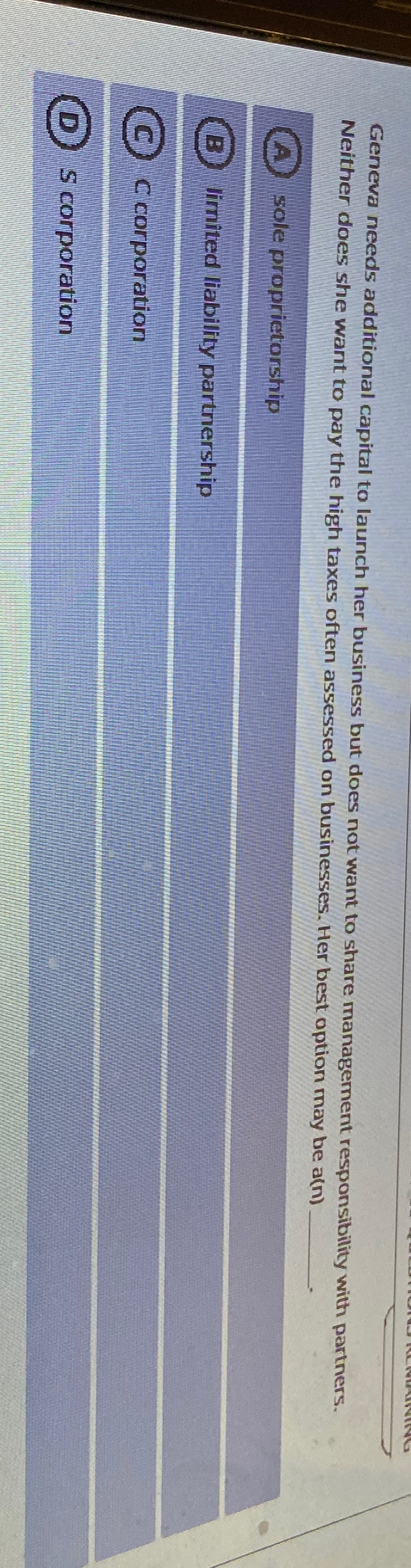  Geneva needs additional capital to launch her business but does not