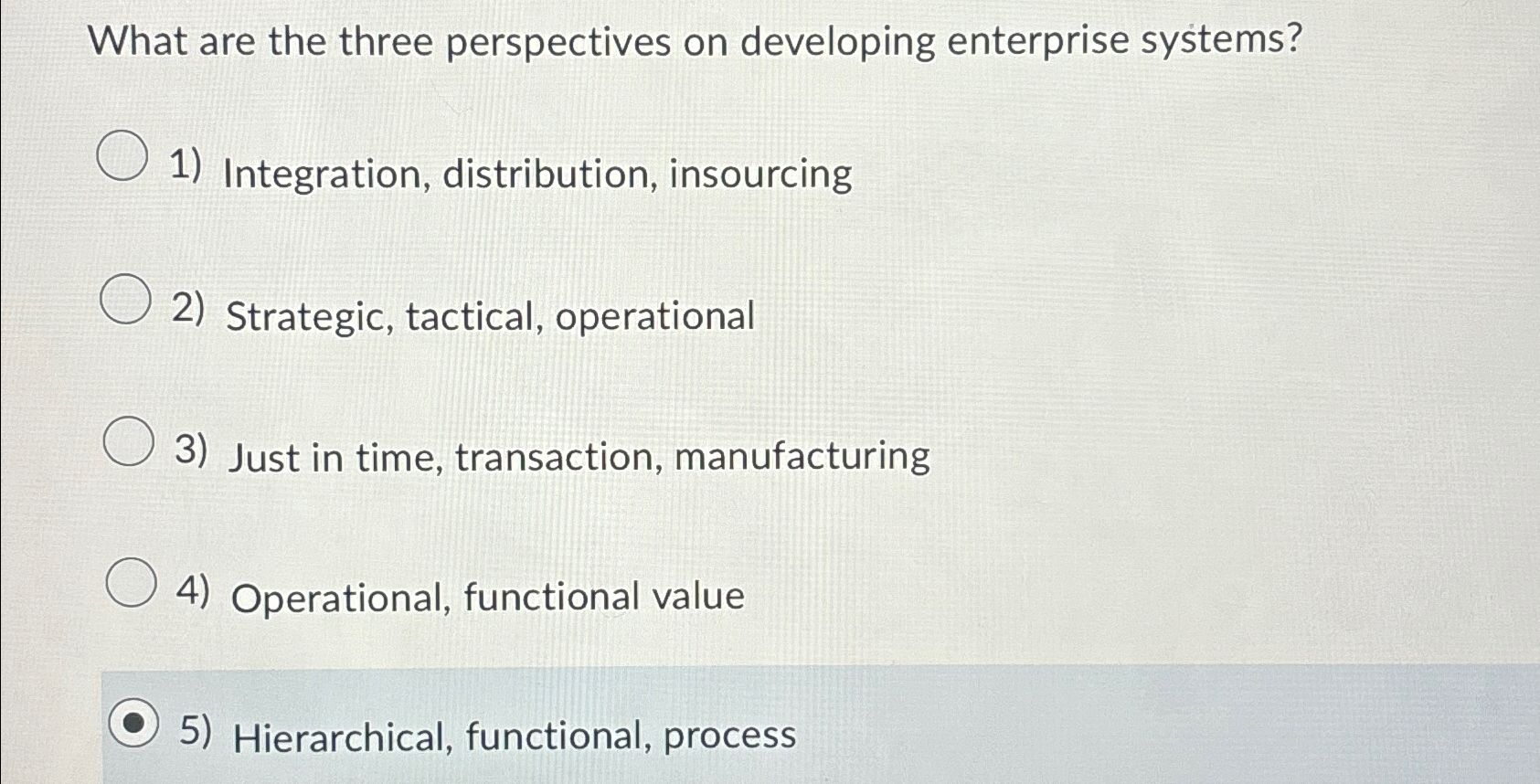  What are the three perspectives on developing enterprise systems? 1) Integration,