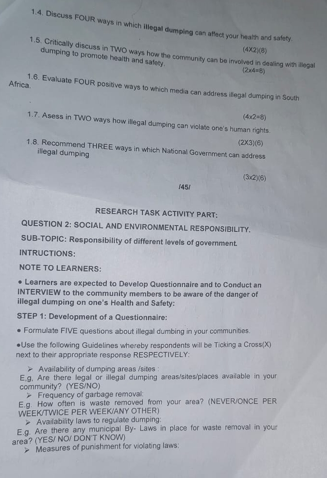  1.4. Discuss FOUR ways in which illegal dumping can affect your