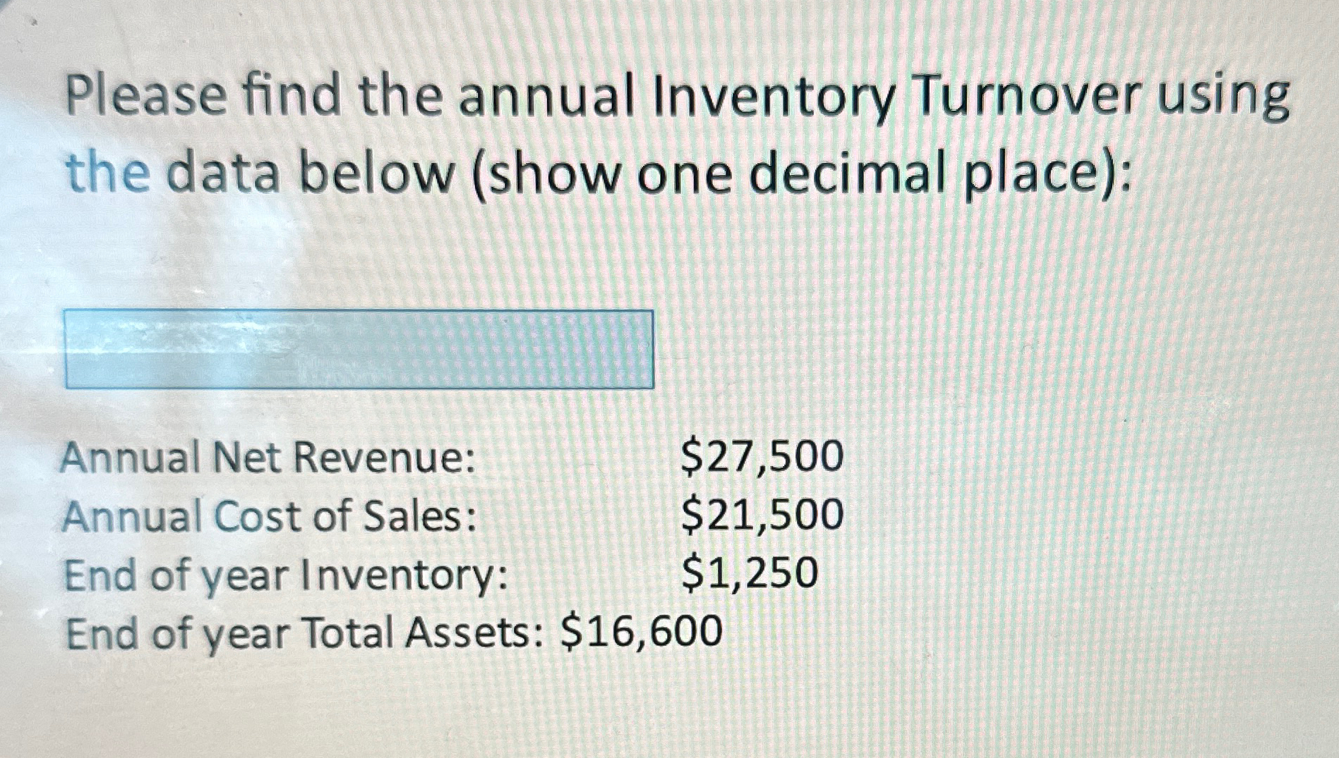  Please find the annual Inventory Turnover using the data below (show