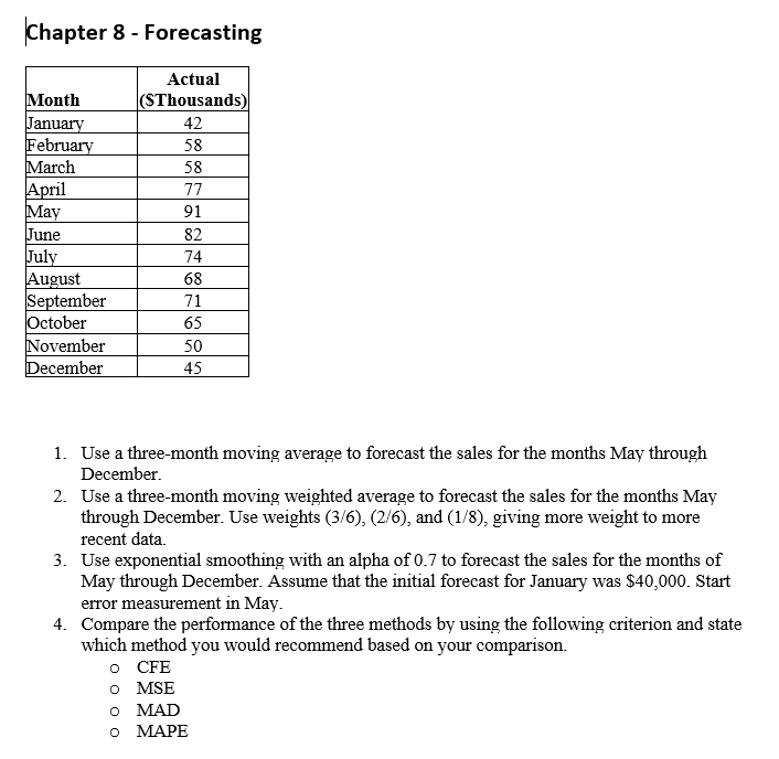  Chapter 8- Forecasting Use a three-month moving average to forecast the