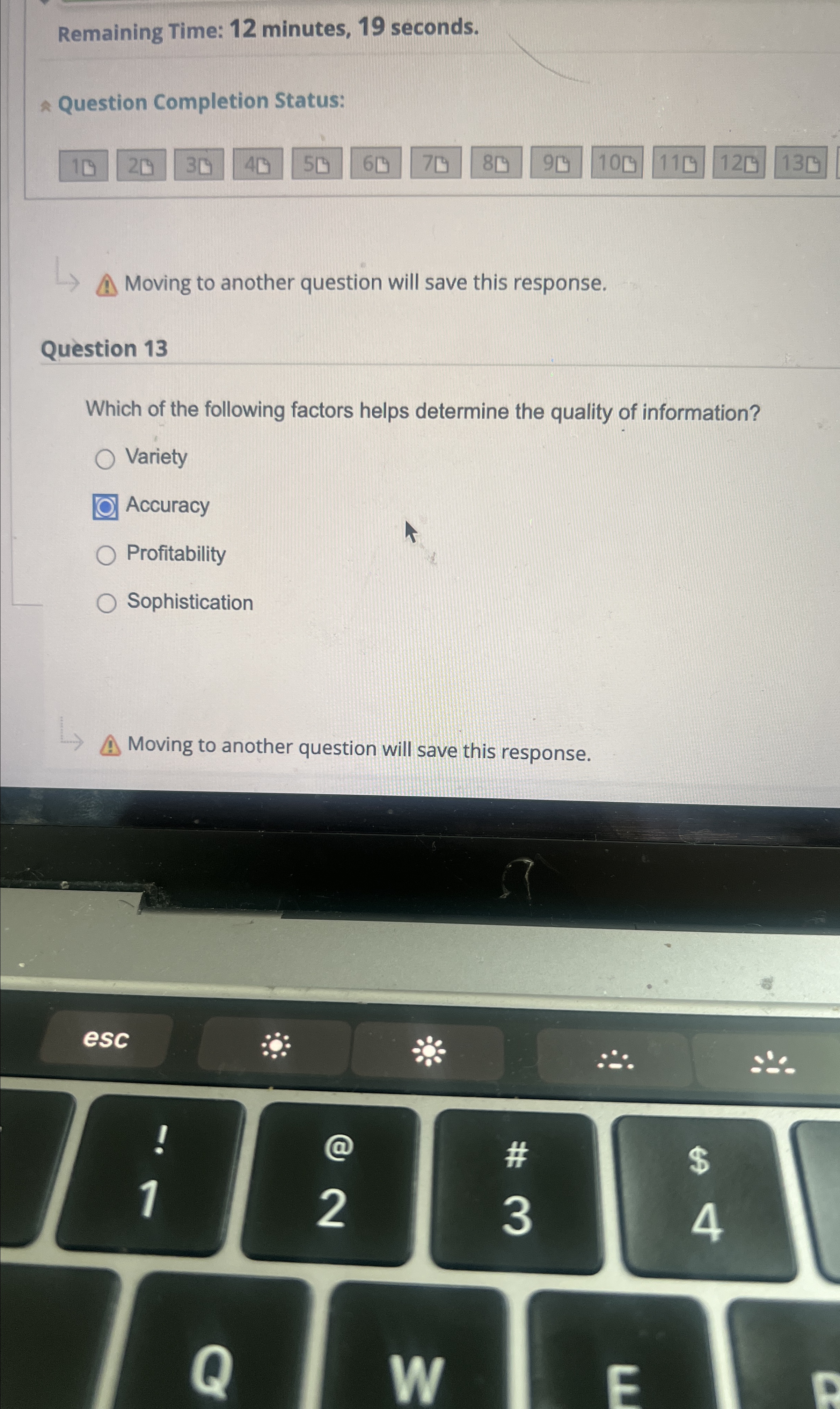 Remaining Time: 12 minutes, 19 seconds. A Question Completion Status: 1[