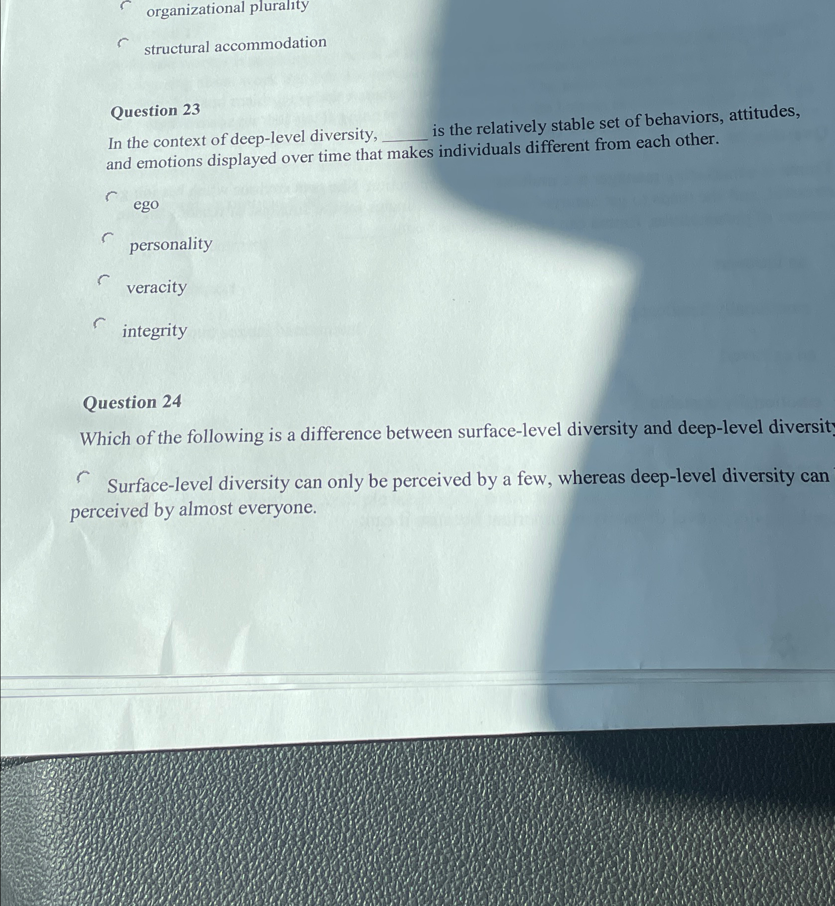  organizational plurality structural accommodation Question 23 In the context of deep-level
