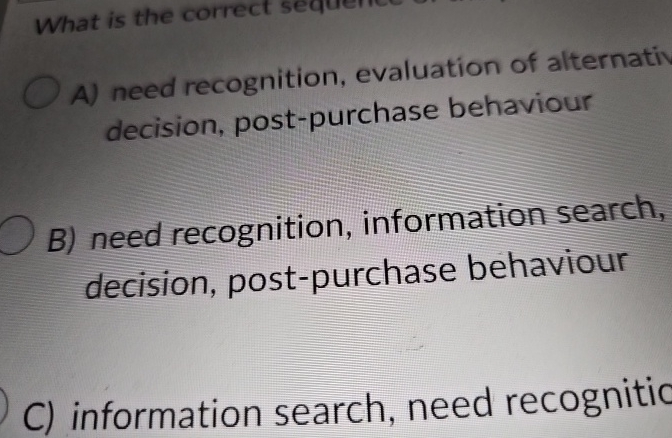  What is the correct sequeric A) need recognition, evaluation of alternati
