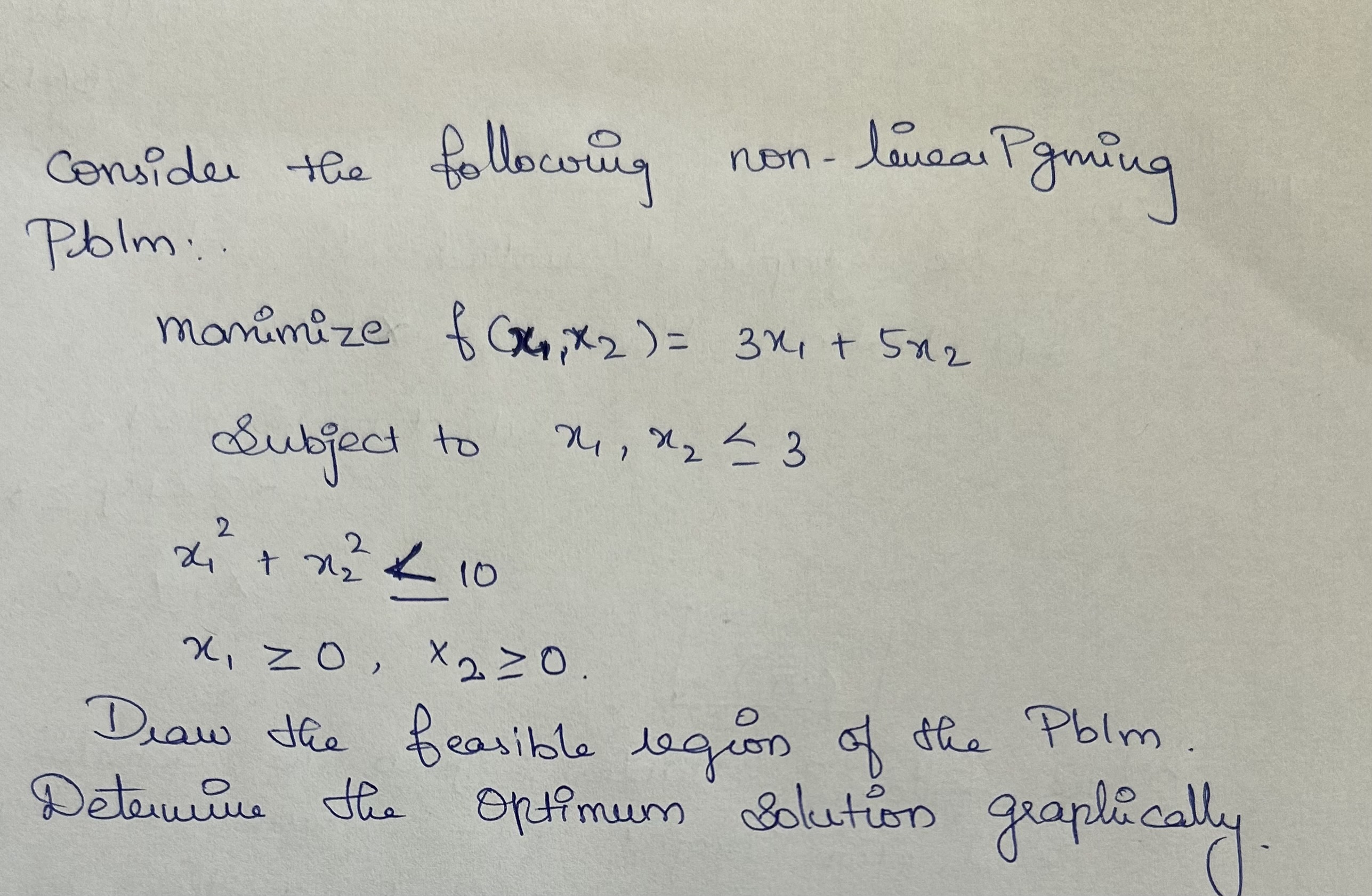  Consider the following non-linear programming Problem: maximize f(x1,x2)=3x1+5x2 Subject to x1,x23