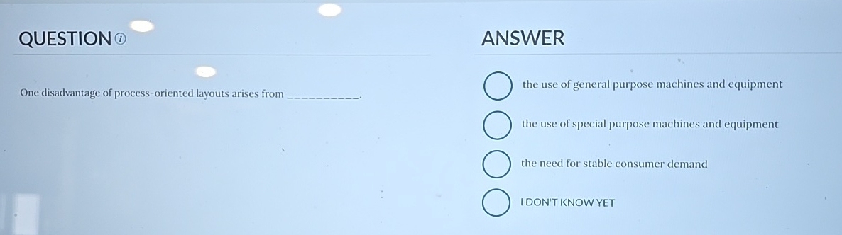  QUESTION (1) ANSWER One disadvantage of process-oriented layouts arises from the