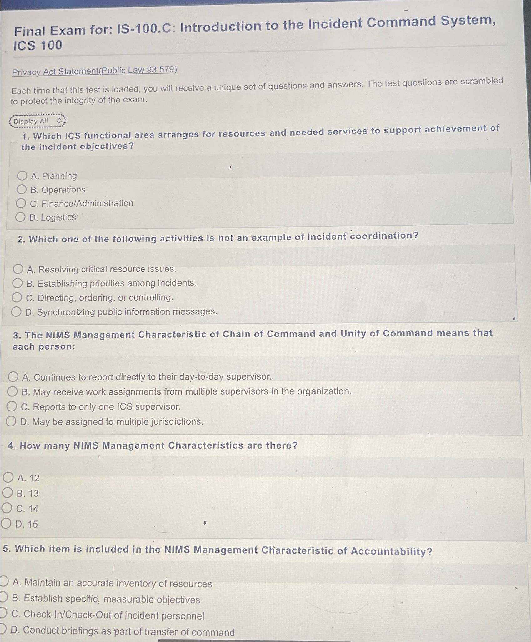  Final Exam for: IS-100.C: Introduction to the Incident Command System, ICS