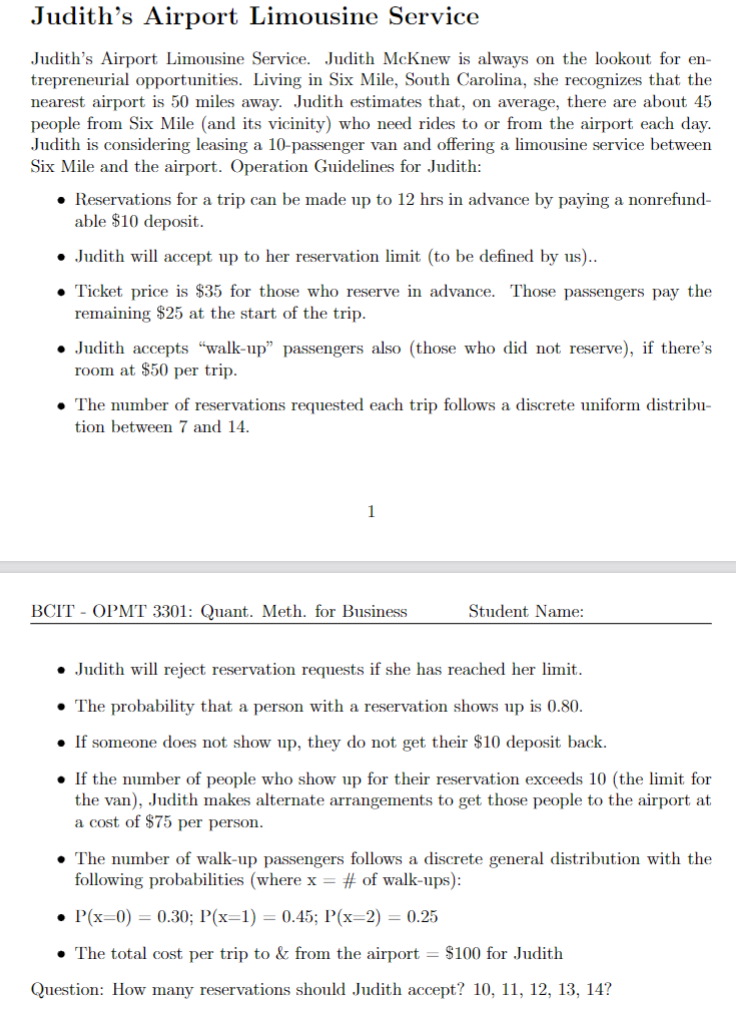  Do the simulation model on excel and show all formulas. Judith's