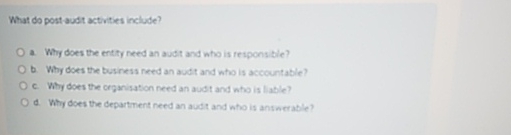  What do post audit activities include? a. Why does the entry