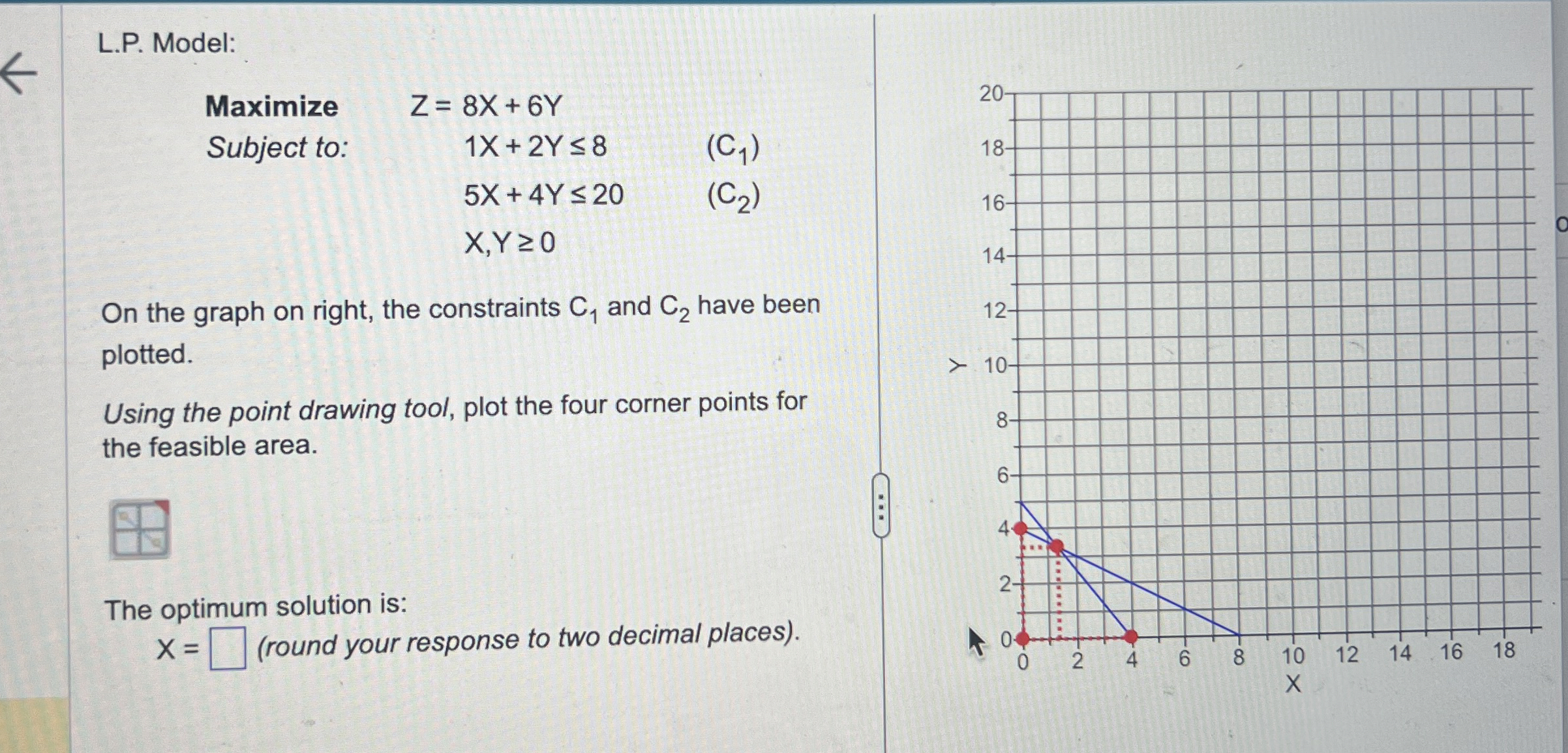  L.P. Model: Maximize Z=8x+6Y, Subject to: 1x+2Y8,(C1) ,5x+4Y20,(C2) ,x,Y0, On the
