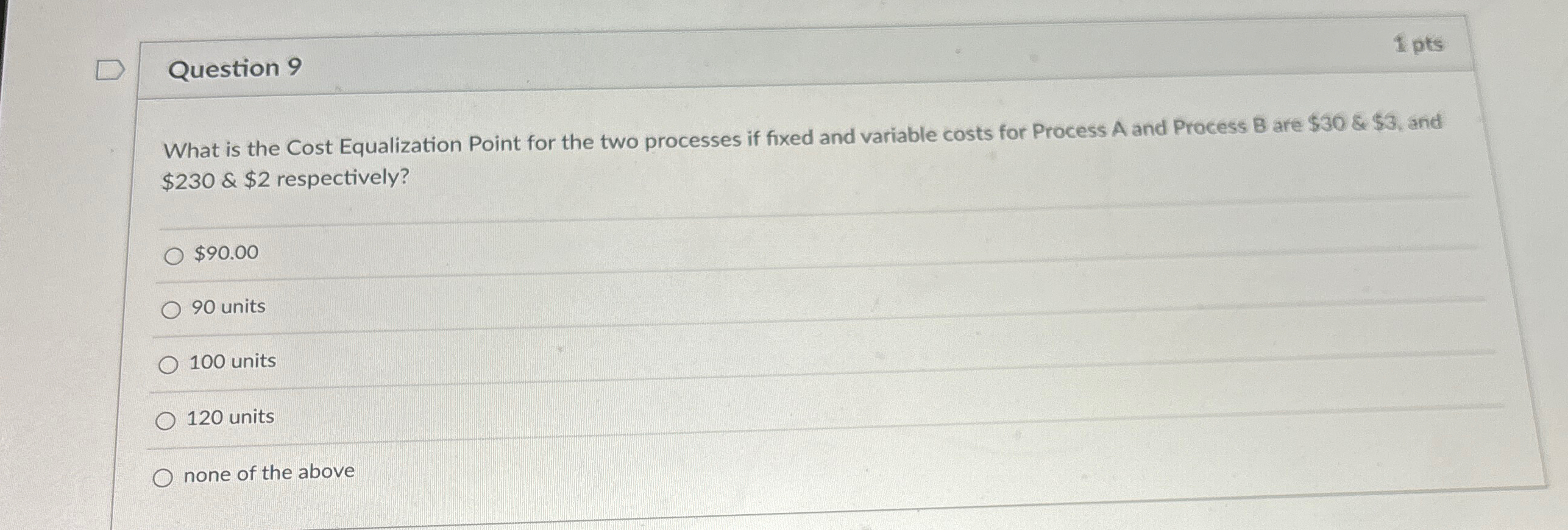  Question 9 I pts What is the Cost Equalization Point for