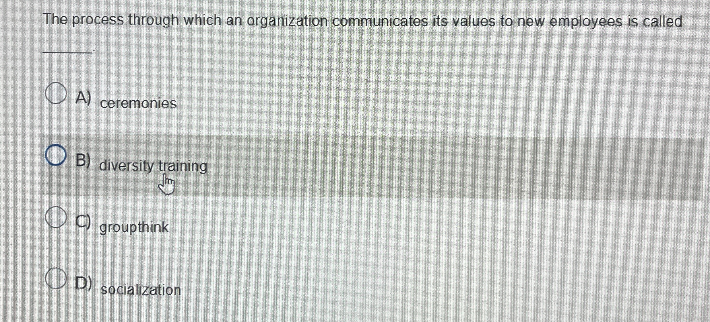  The process through which an organization communicates its values to new