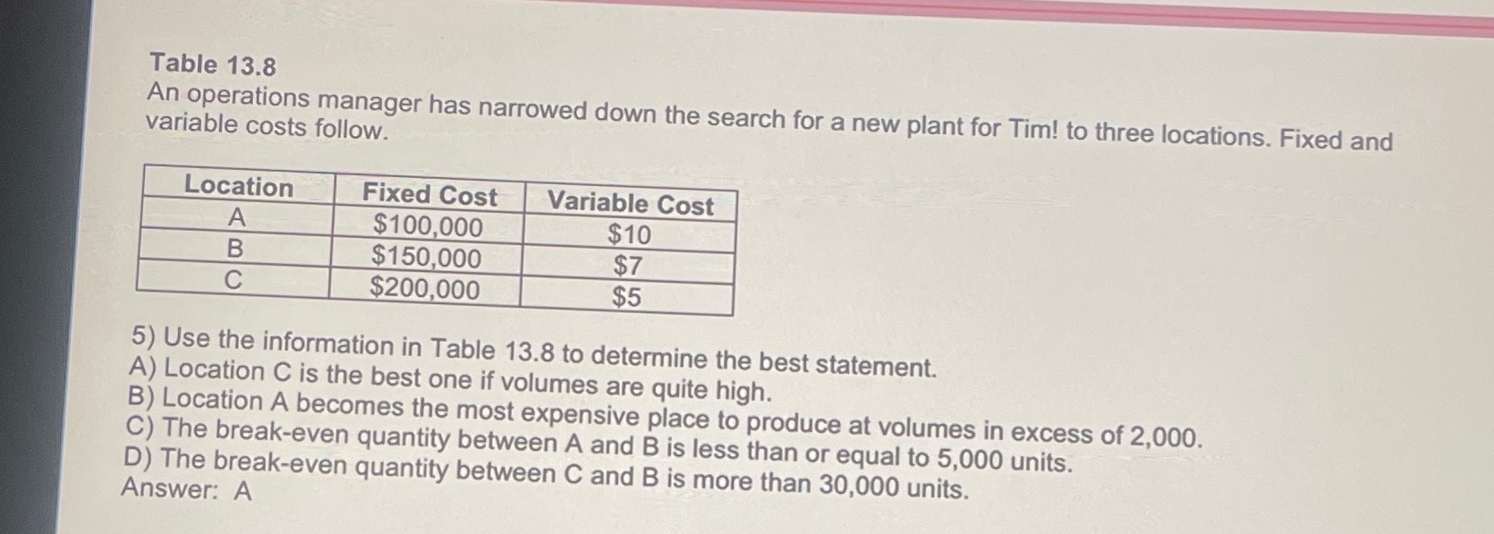  Table 13.8 An operations manager has narrowed down the search for