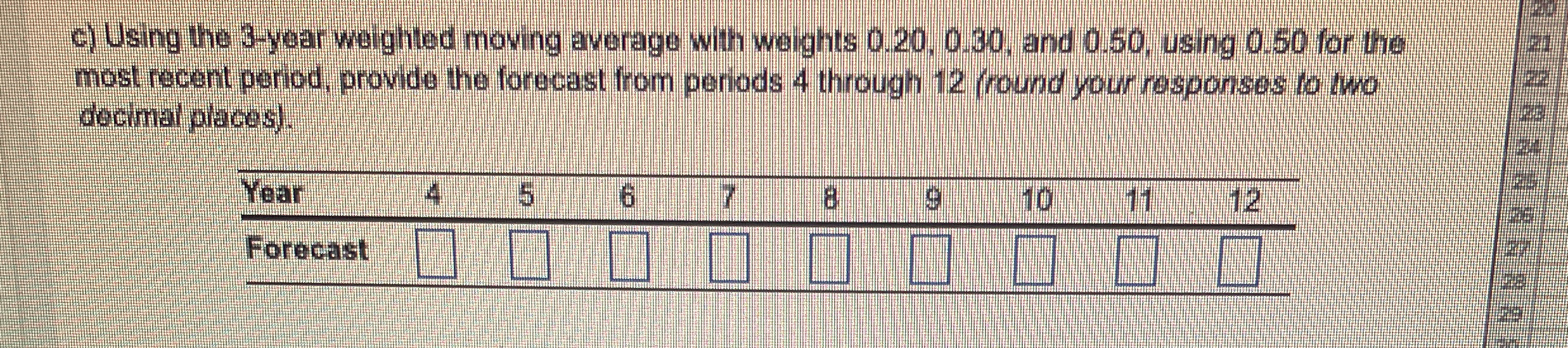  c) Using the 3-year weighted moving average with weights 0.20,0.30, and