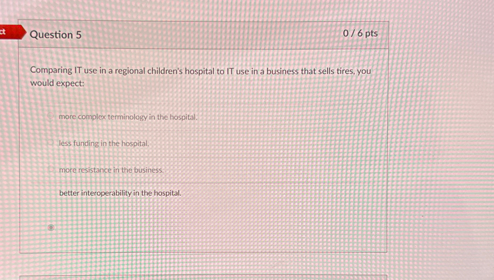  Question 5 06pts Comparing IT use in a regional children's hospital