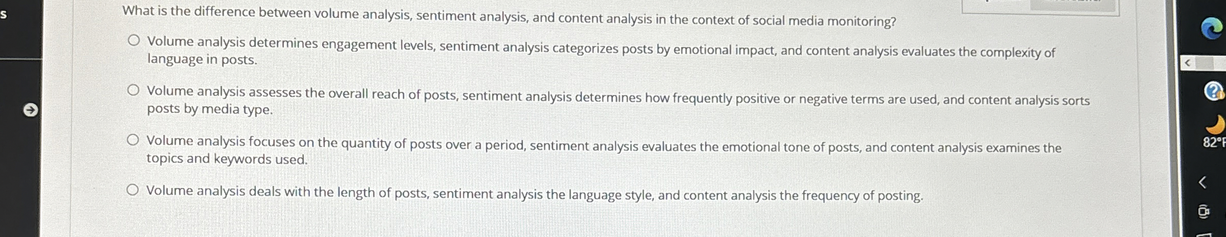 What is the difference between volume analysis, sentiment analysis, and content