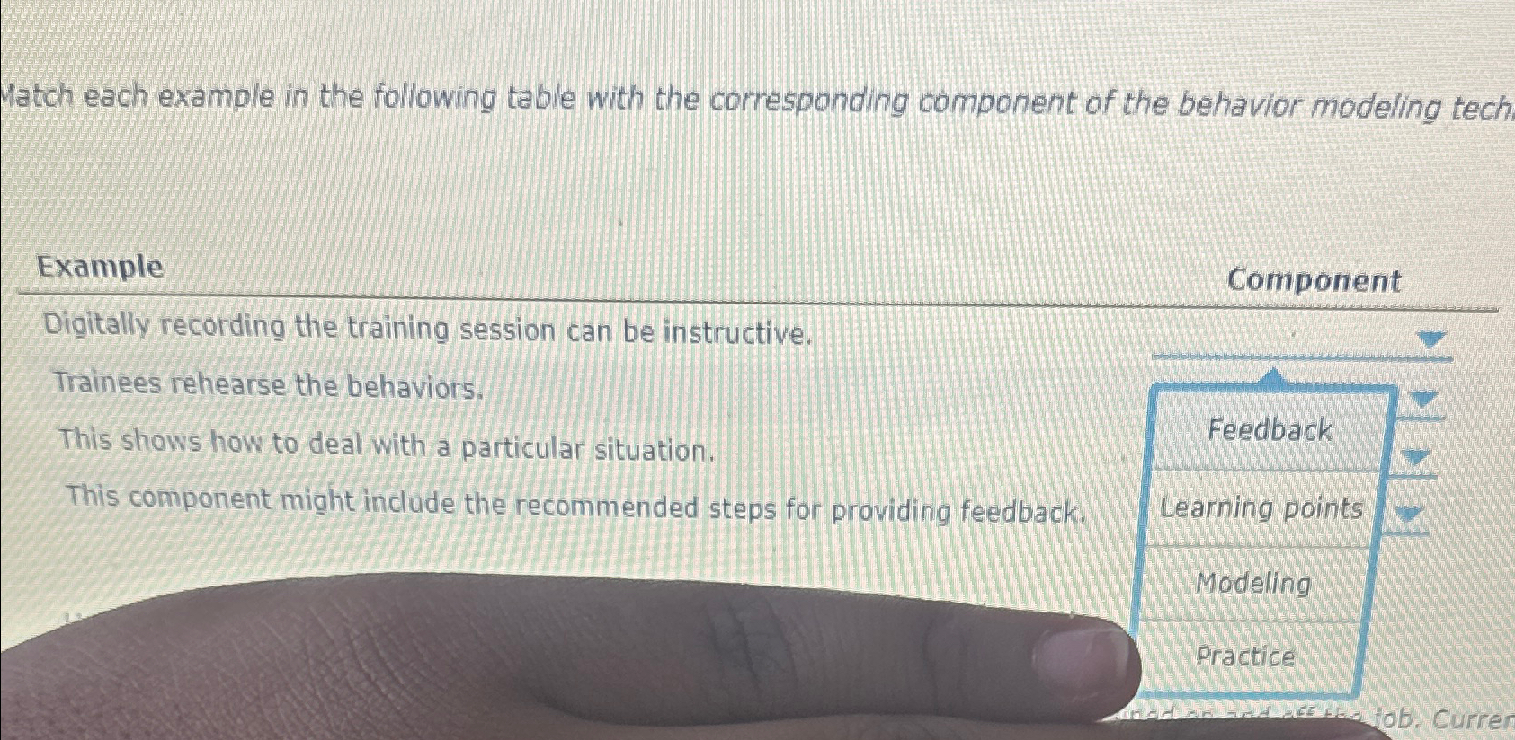  Match each example in the following table with the corresponding component