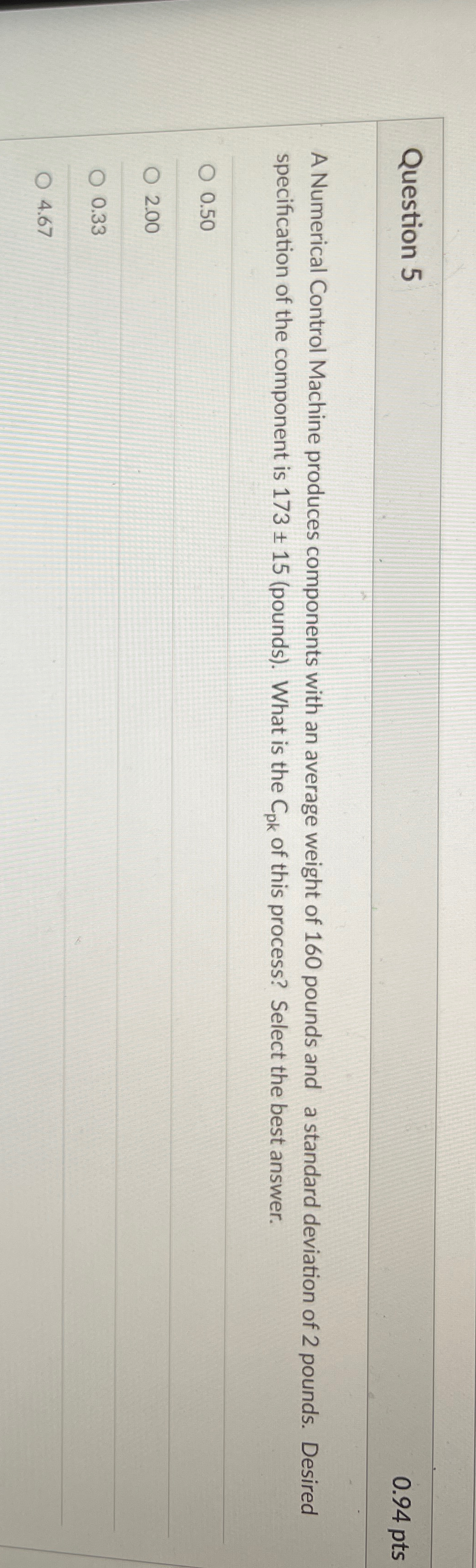  Question 5 0.94 pts A Numerical Control Machine produces components with