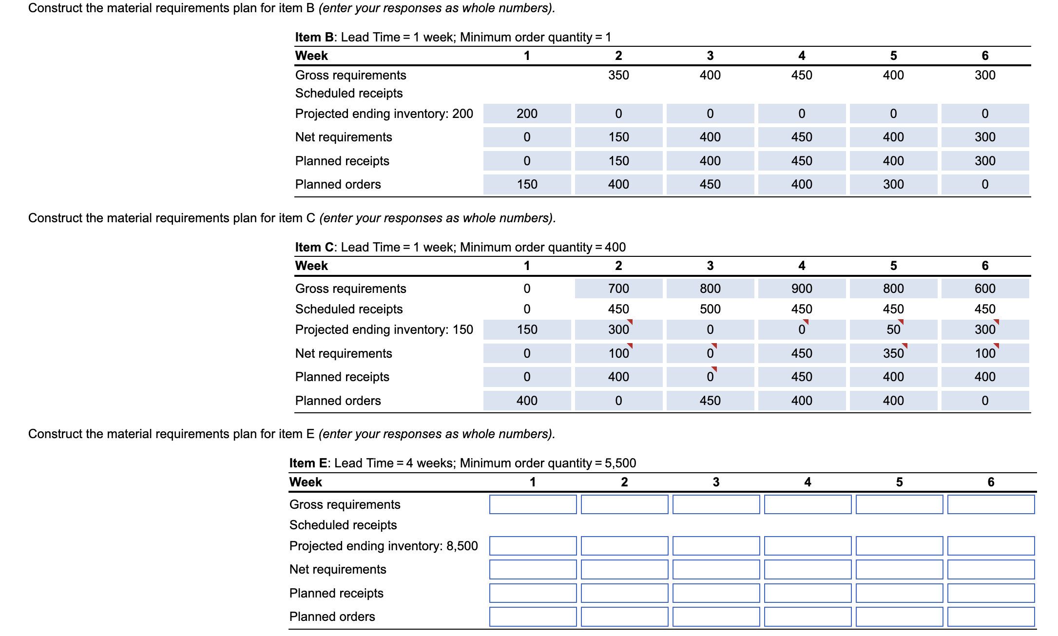  Construct the material requirements plan for item B (enter your responses