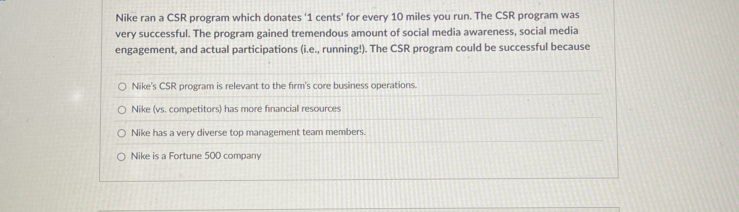  Nike ran a CSR program which donates '1 cents' for every