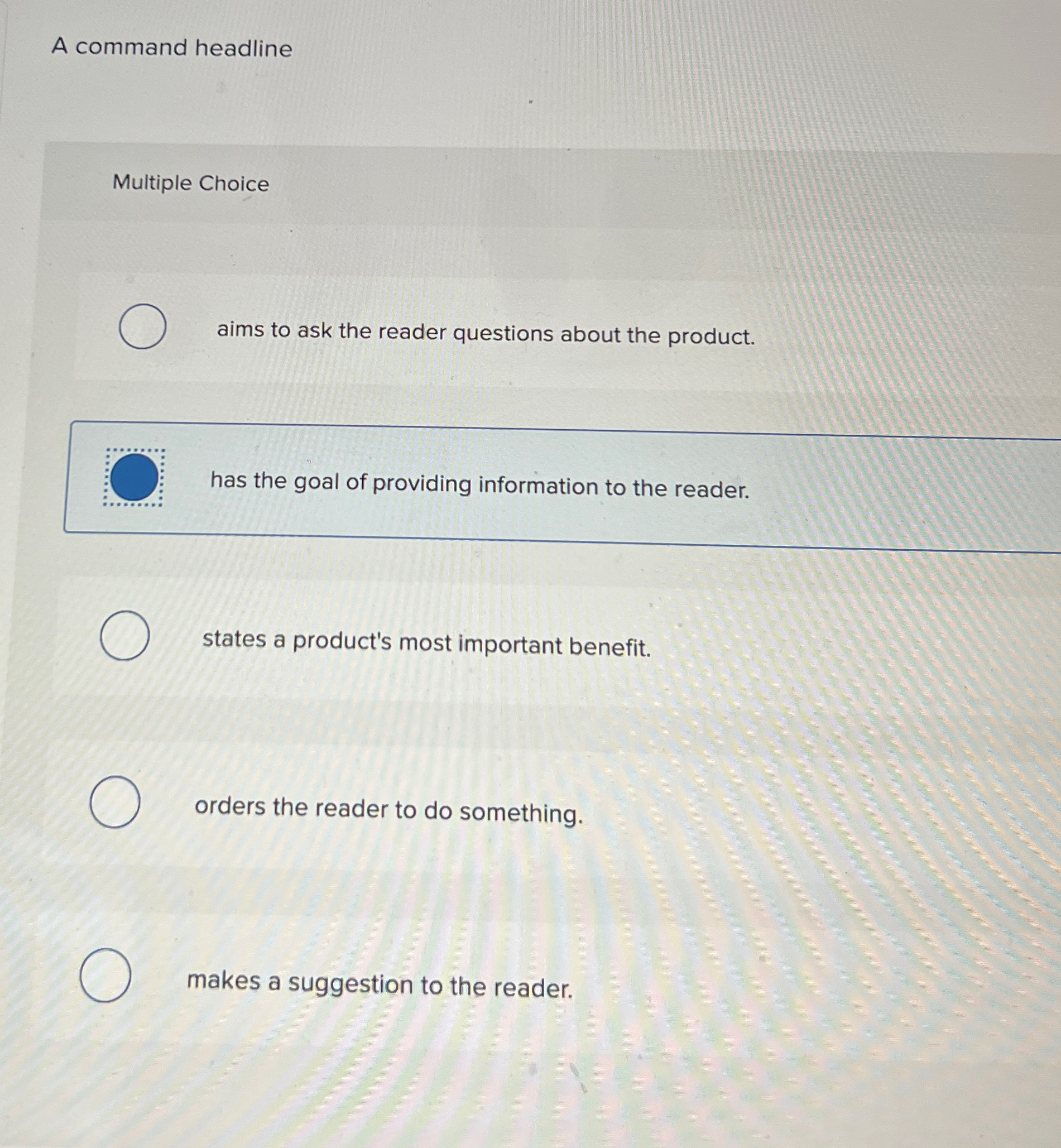  A command headline Multiple Choice aims to ask the reader questions