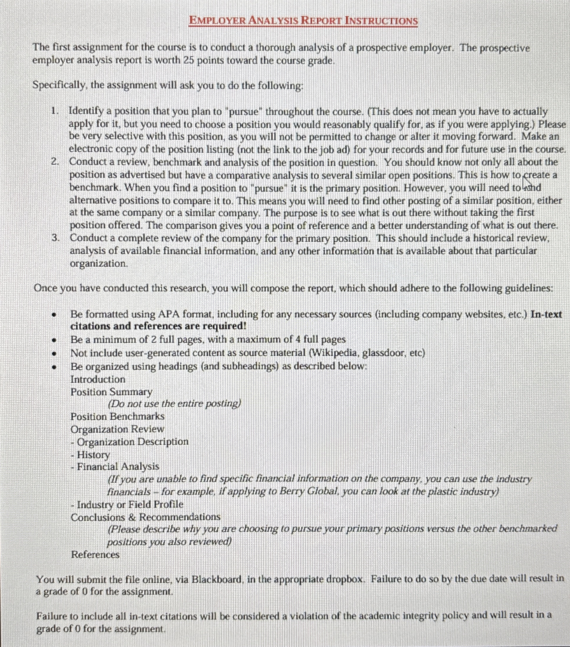  EMPLOYER ANALYSIS REPORT INSTRUCTIONS The first assignment for the course is