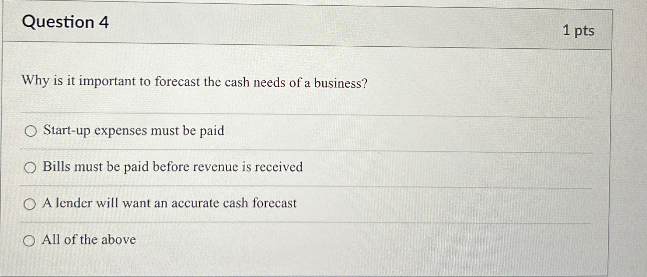  Question 4 1pts Why is it important to forecast the cash