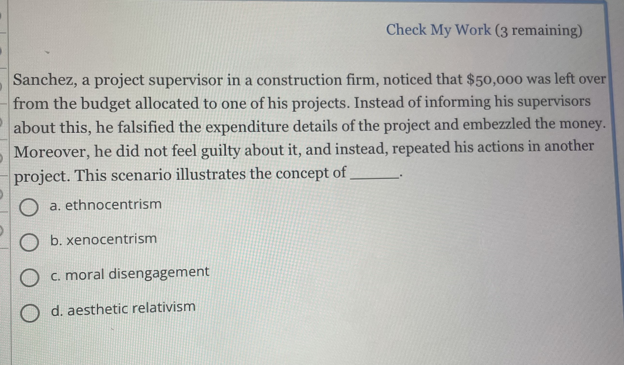  Check My Work (3 remaining) Sanchez, a project supervisor in a