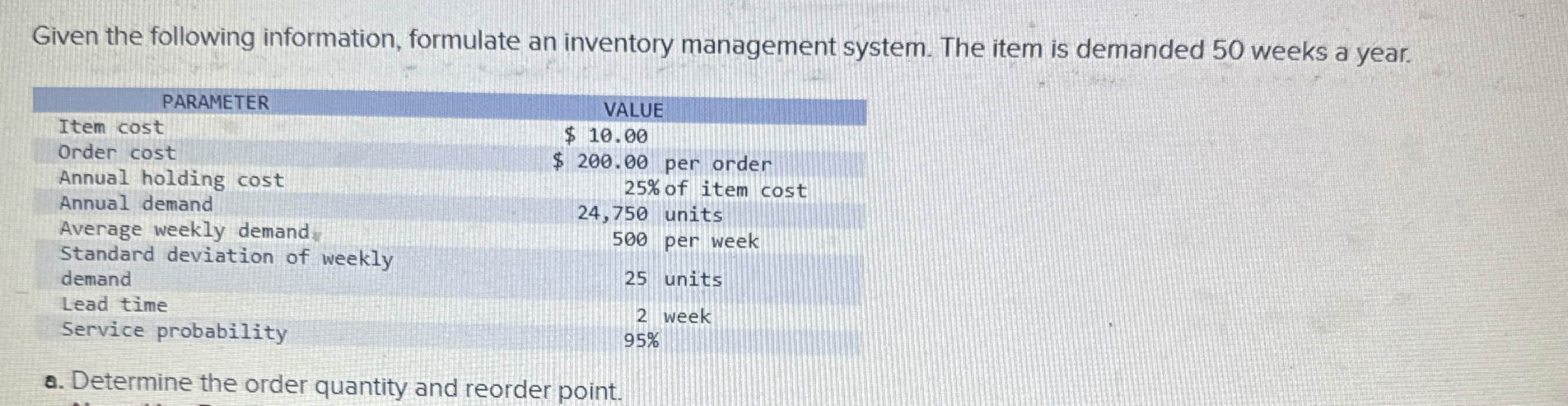  Given the following information, formulate an inventory management system. The item