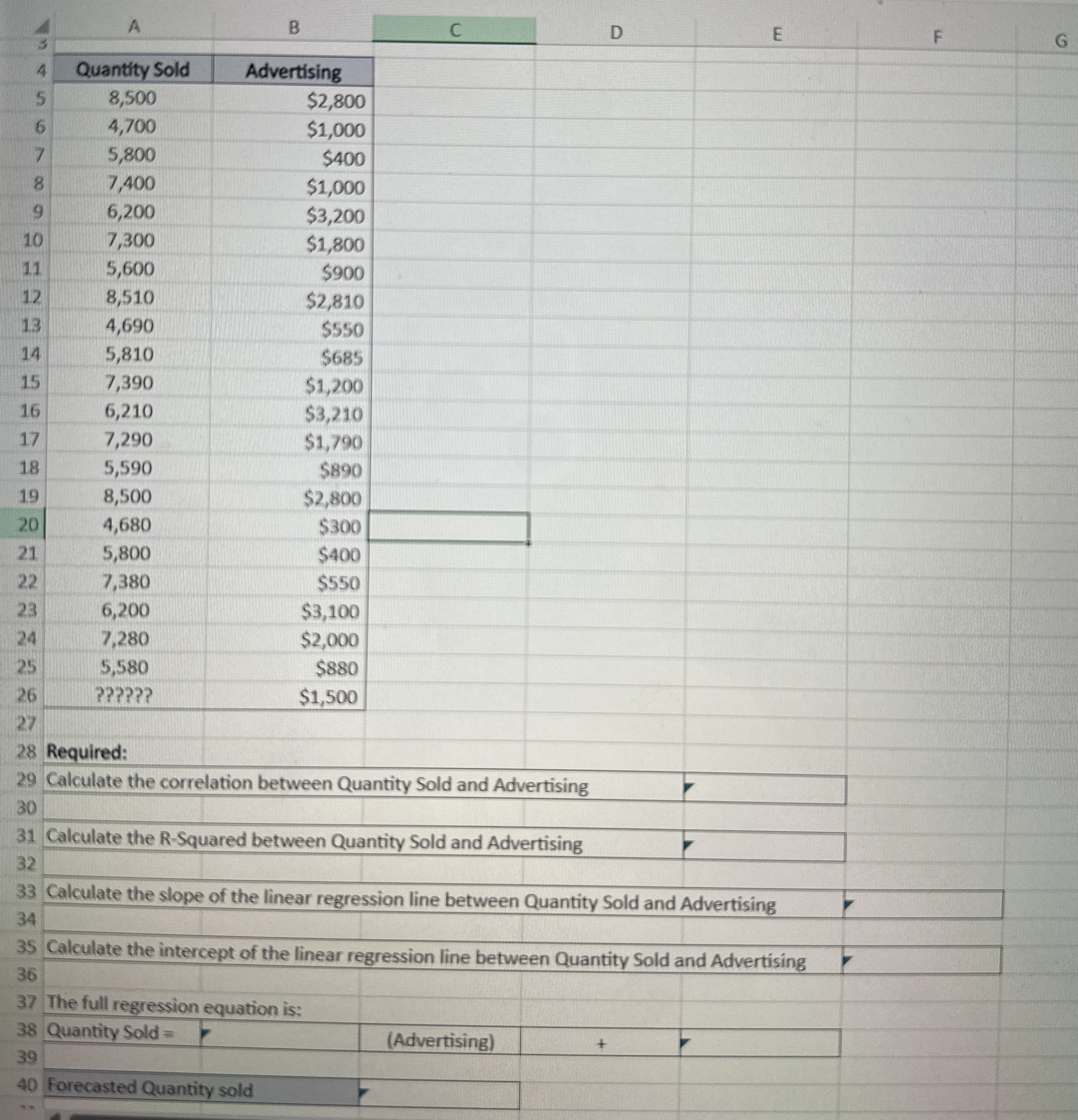  \table[[Quantity Sold,Advertising],[8,500,$2,800 