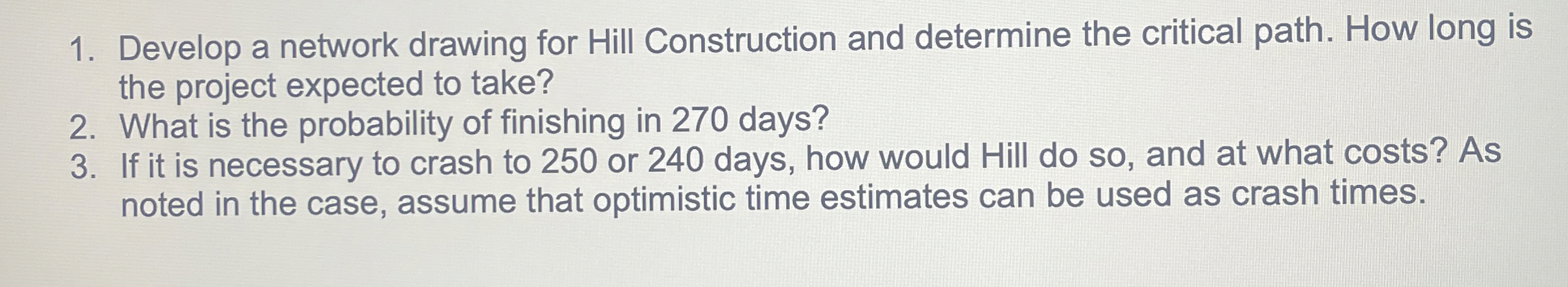  Develop a network drawing for Hill Construction and determine the critical