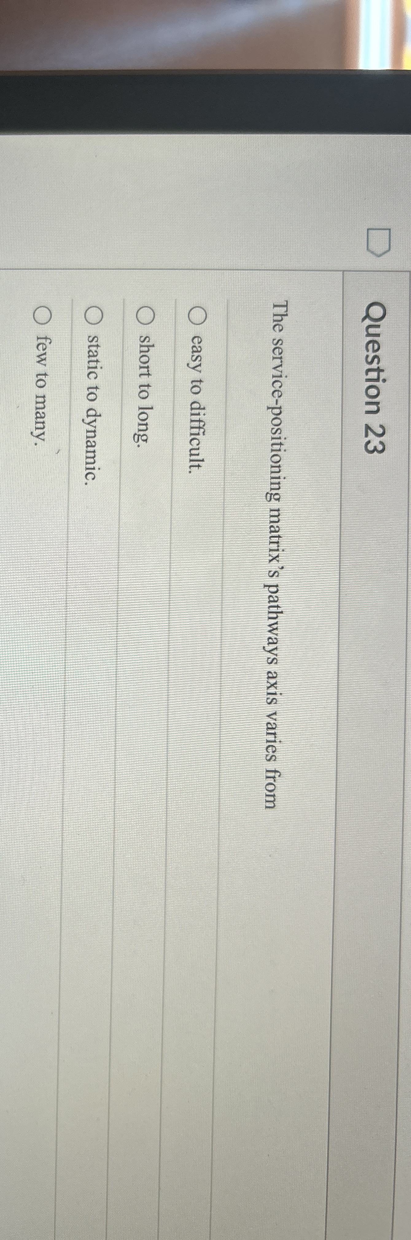  Question 23 The service-positioning matrix's pathways axis varies from easy to
