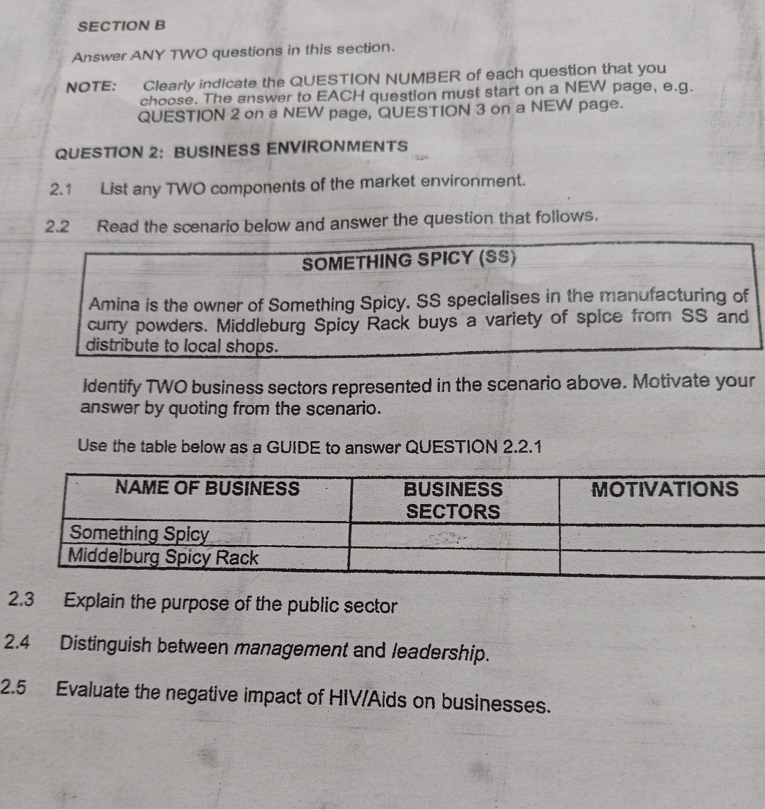  SECTION B Answer ANY TWO questions in this section. NOTE: Clearly