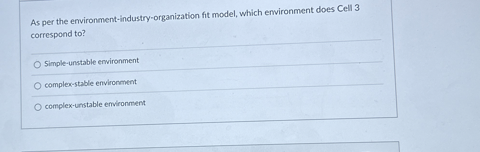  As per the environment-industry-organization fit model, which environment does Cell 3