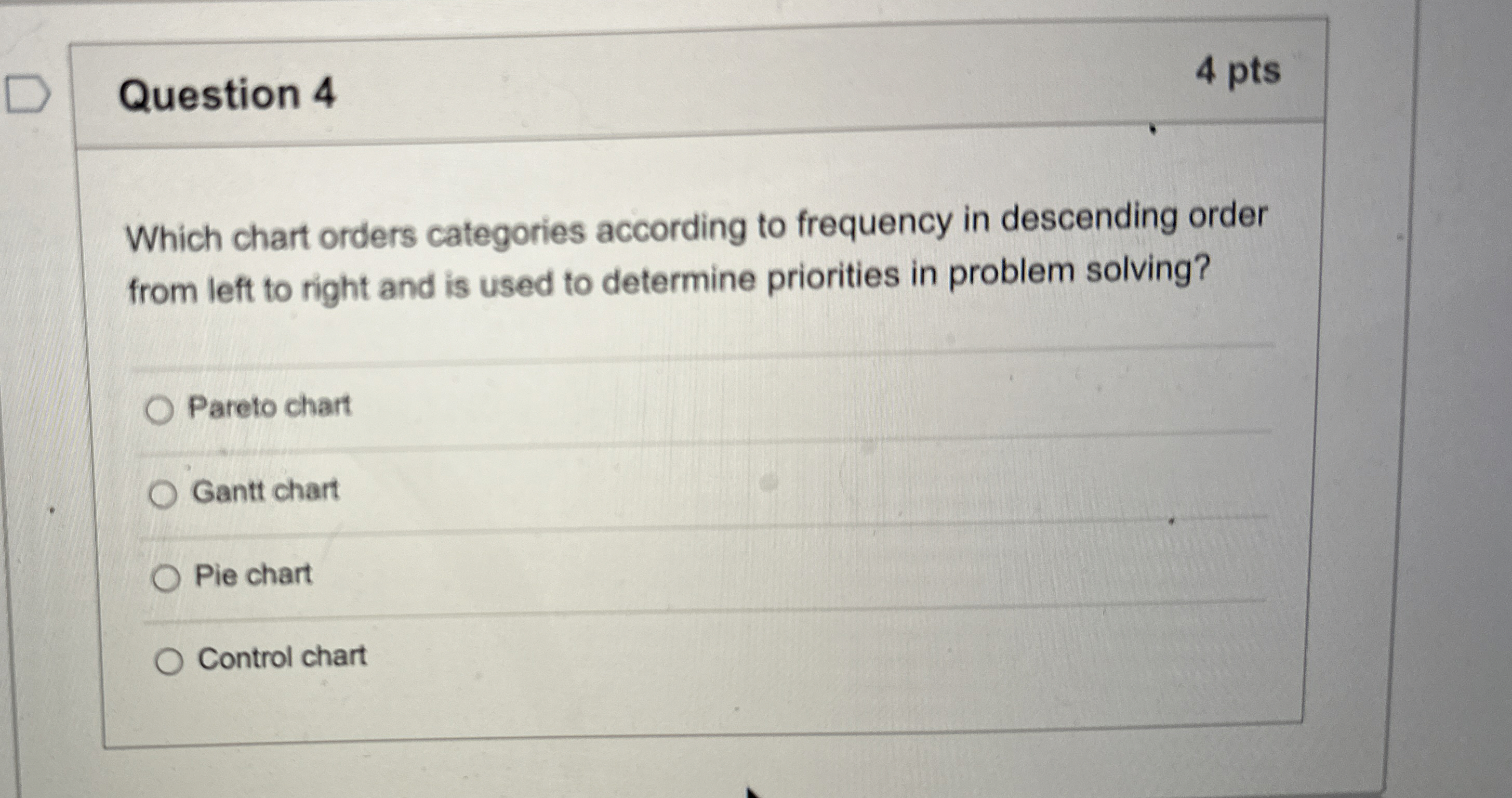  Question 4 4 pts Which chart orders categories according to frequency